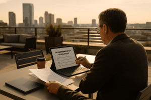 Middle-aged man reviewing second bankruptcy filing steps on a tablet at a rooftop coworking terrace during sunset