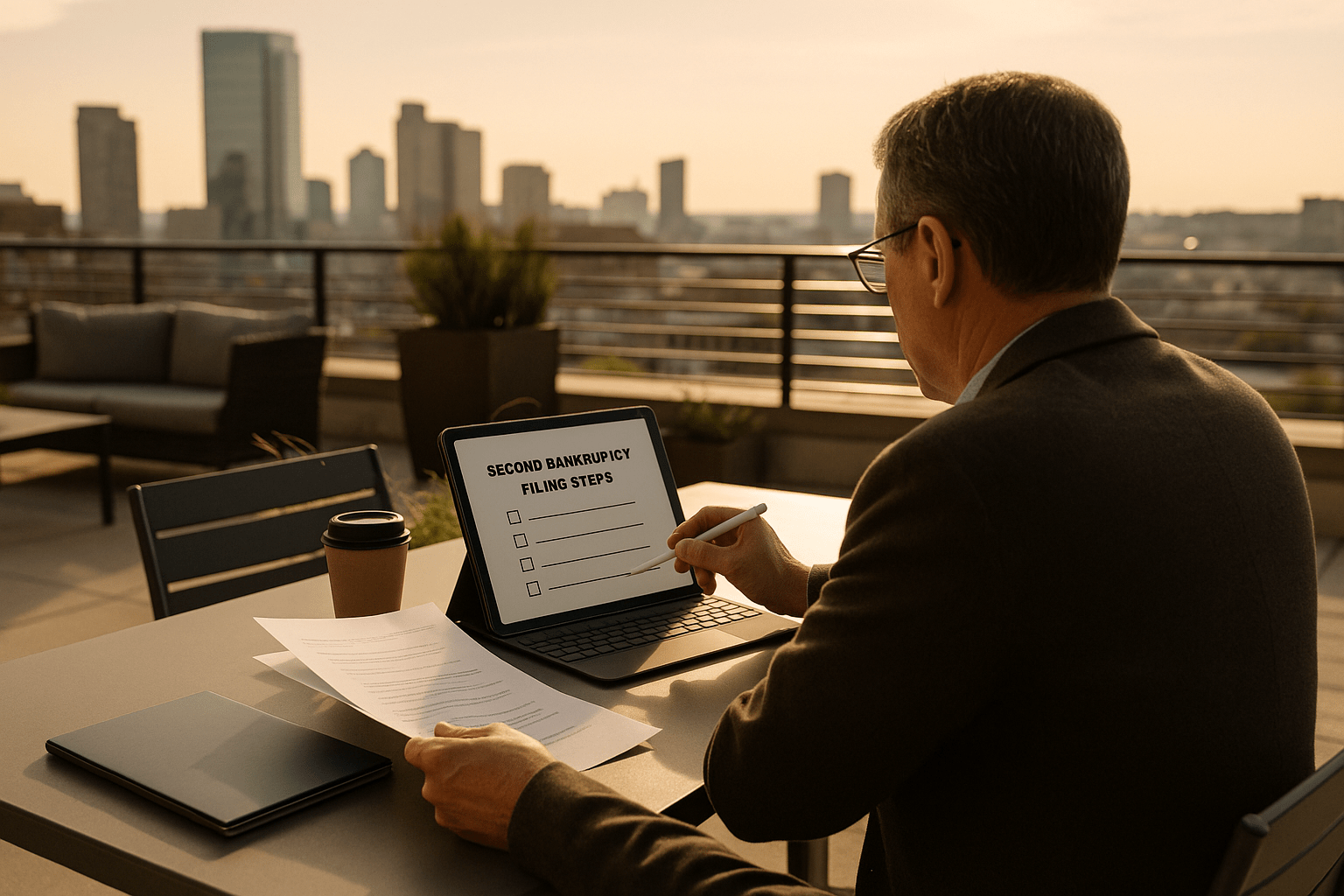 Middle-aged man reviewing second bankruptcy filing steps on a tablet at a rooftop coworking terrace during sunset