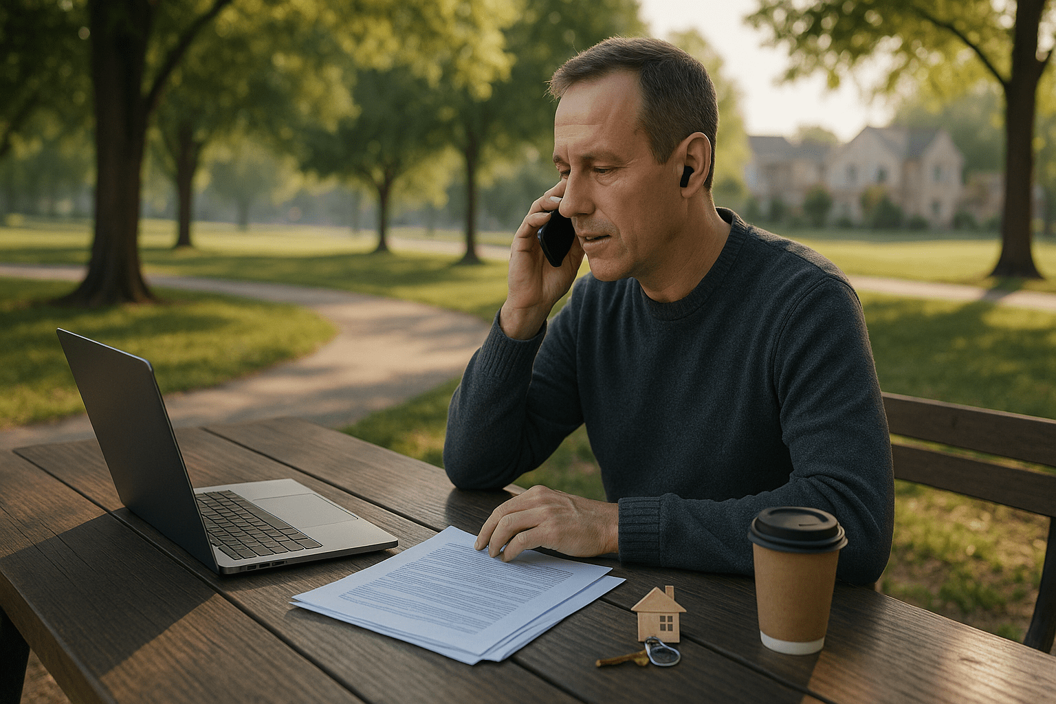 Middle-aged man on phone reviewing bankruptcy paperwork at a park table with house keyring, laptop, and coffee