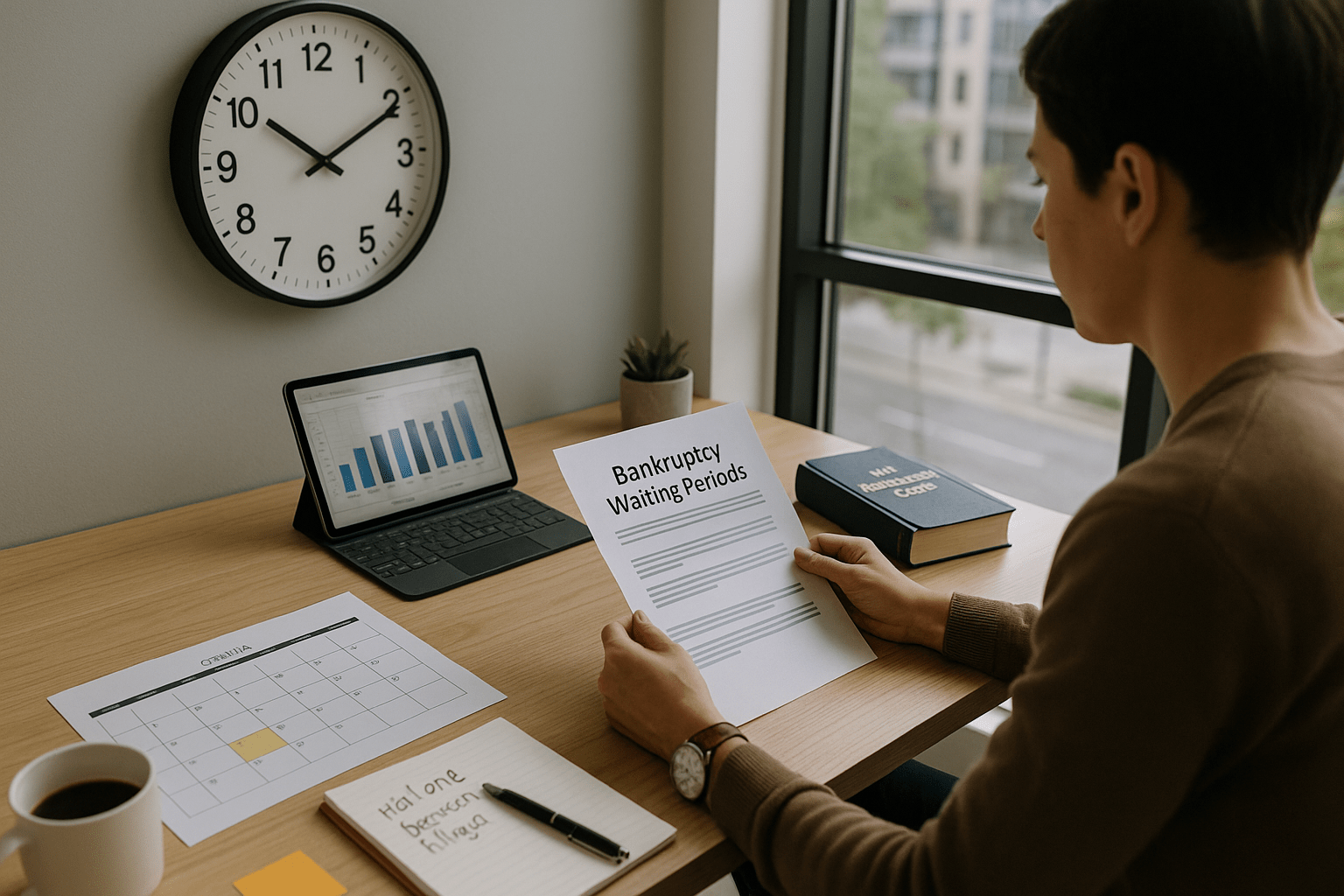 Person reviewing bankruptcy waiting period timeline at a modern desk with calendar, tablet, and legal materials