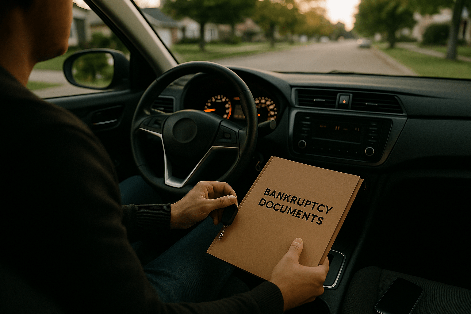 A driver holding bankruptcy documents and car keys inside a parked car in a quiet suburban neighborhood