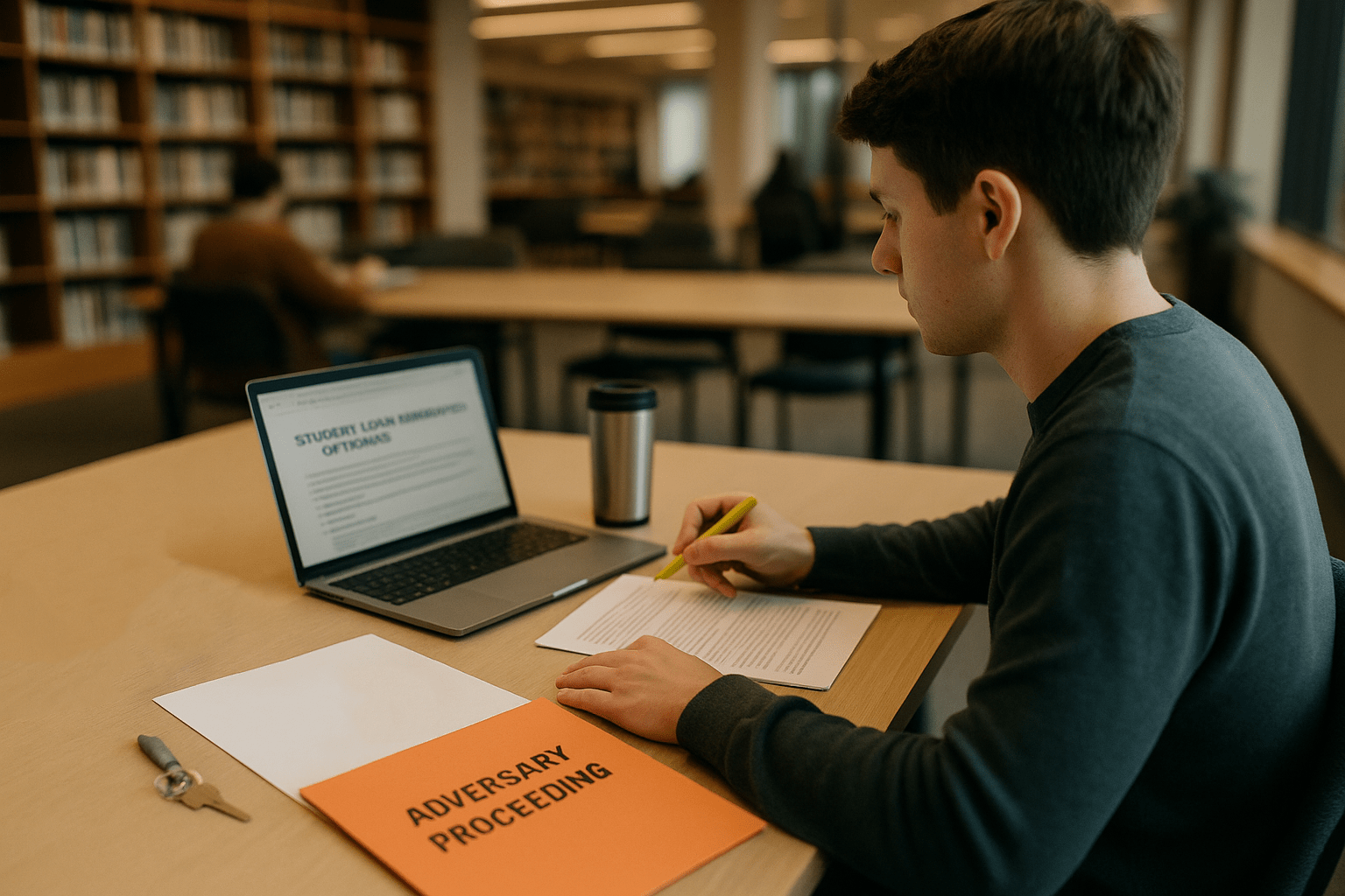 Young man researching private student loan bankruptcy options at a library study table with legal folders and laptop