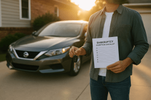 Man holding car keys and a bankruptcy exemption checklist beside a sedan in a driveway at sunset