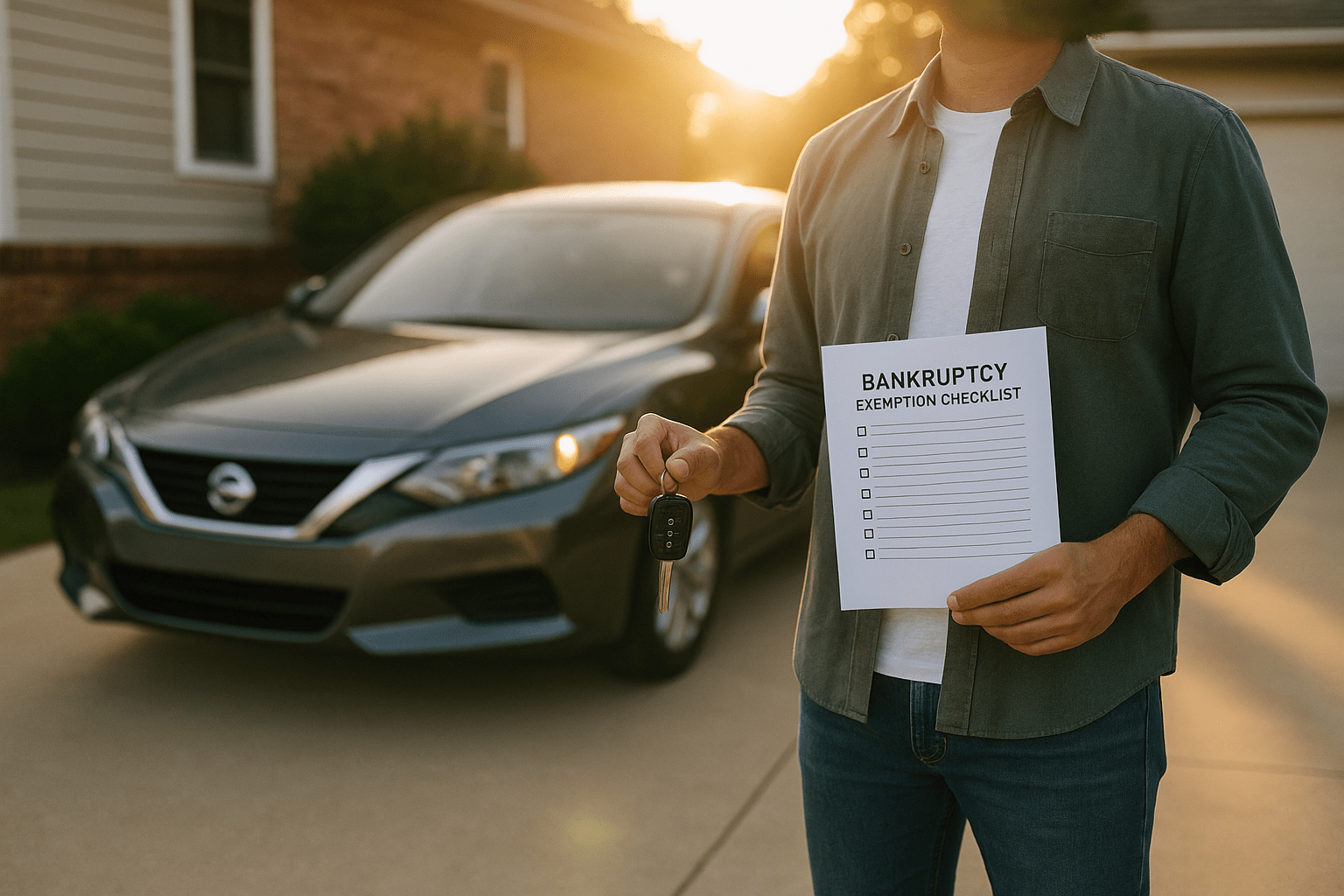 Man holding car keys and a bankruptcy exemption checklist beside a sedan in a driveway at sunset
