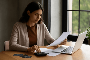 Woman reviewing bankruptcy paperwork for credit card debt at a home office table with laptop and calculator