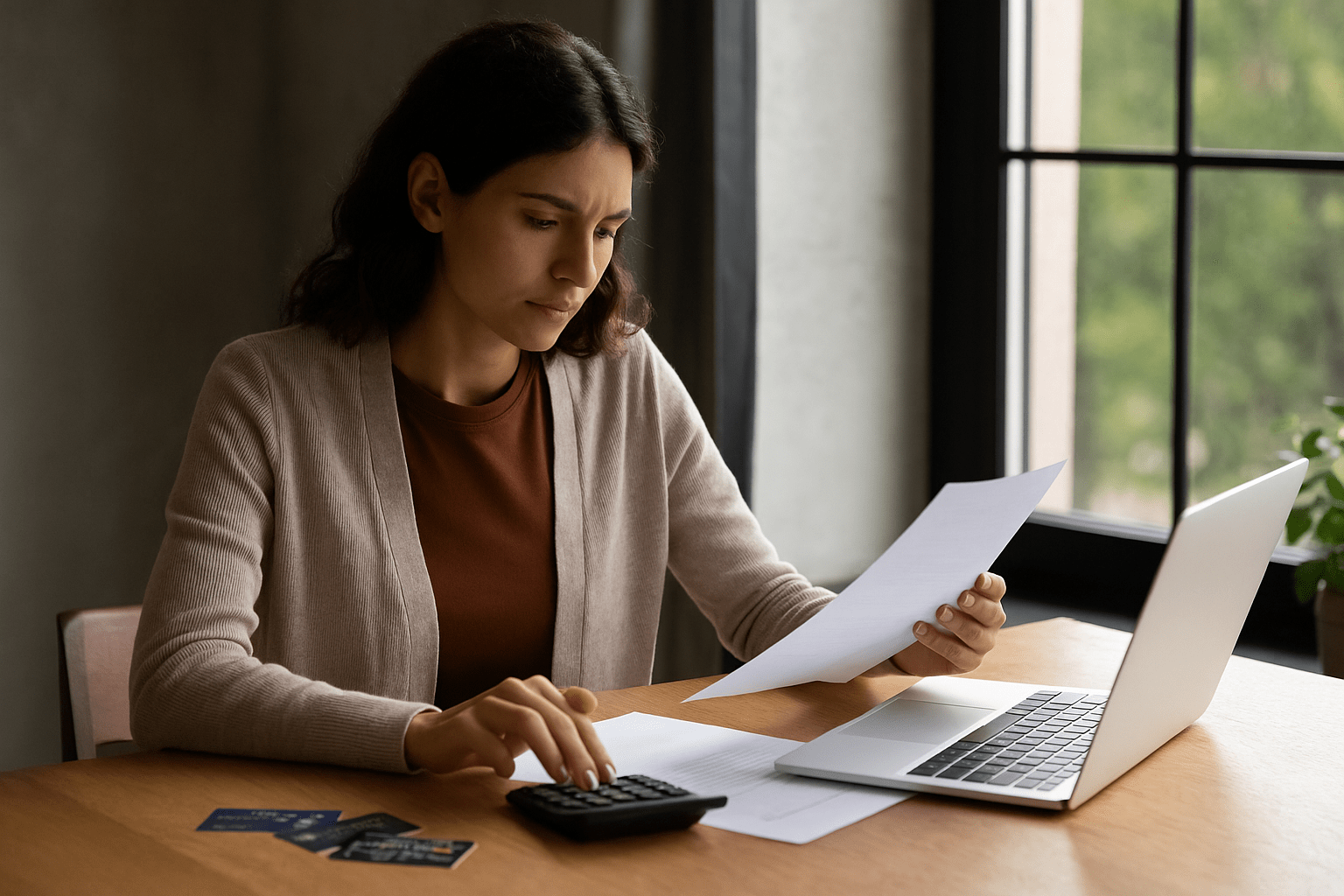 Woman reviewing bankruptcy paperwork for credit card debt at a home office table with laptop and calculator