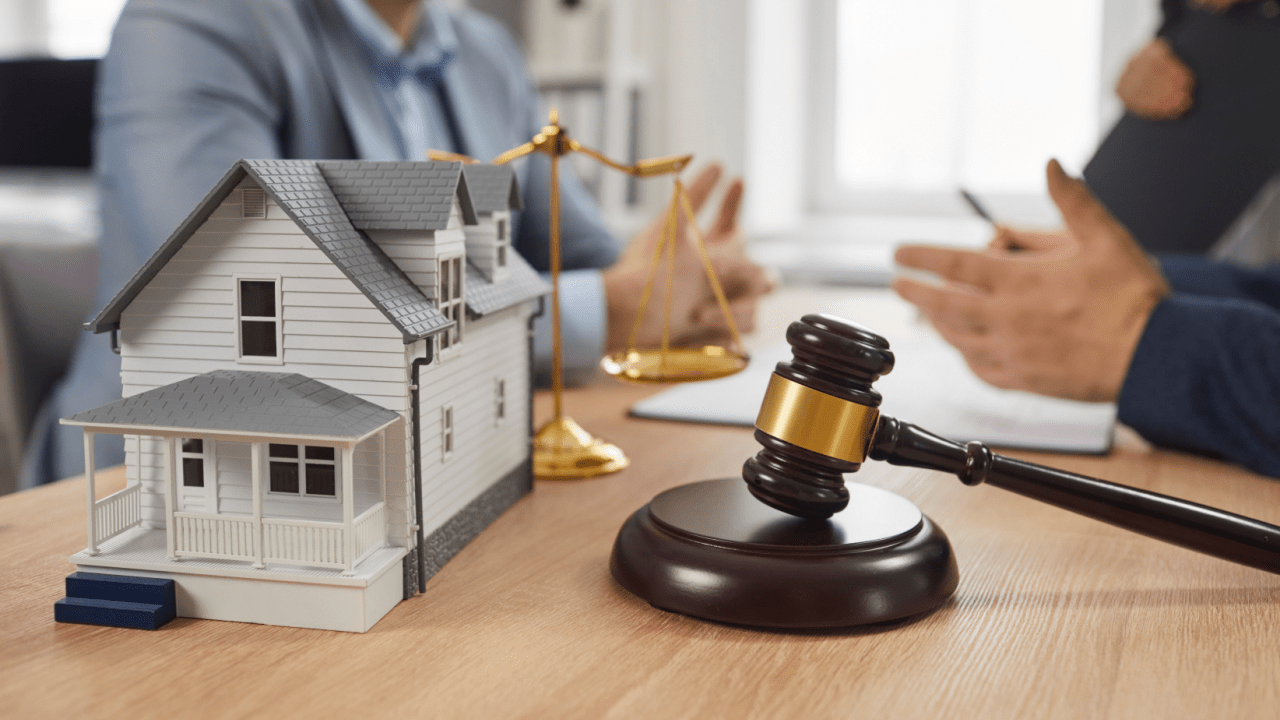 Legal consultation showing what happens after you file for bankruptcy with house model and gavel