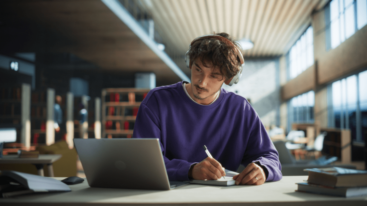 Young man with headphones researching how often can you file chapter 13 bankruptcy at library