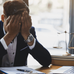 Stressed professional considering does Chapter 13 wipe out all debt while reviewing bankruptcy documents at desk
