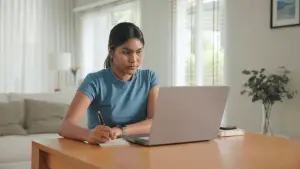 Woman researching how much debt required to file Chapter 13 bankruptcy on laptop while taking notes Woman researching how much debt required to file Chapter 13 bankruptcy on laptop while taking notes