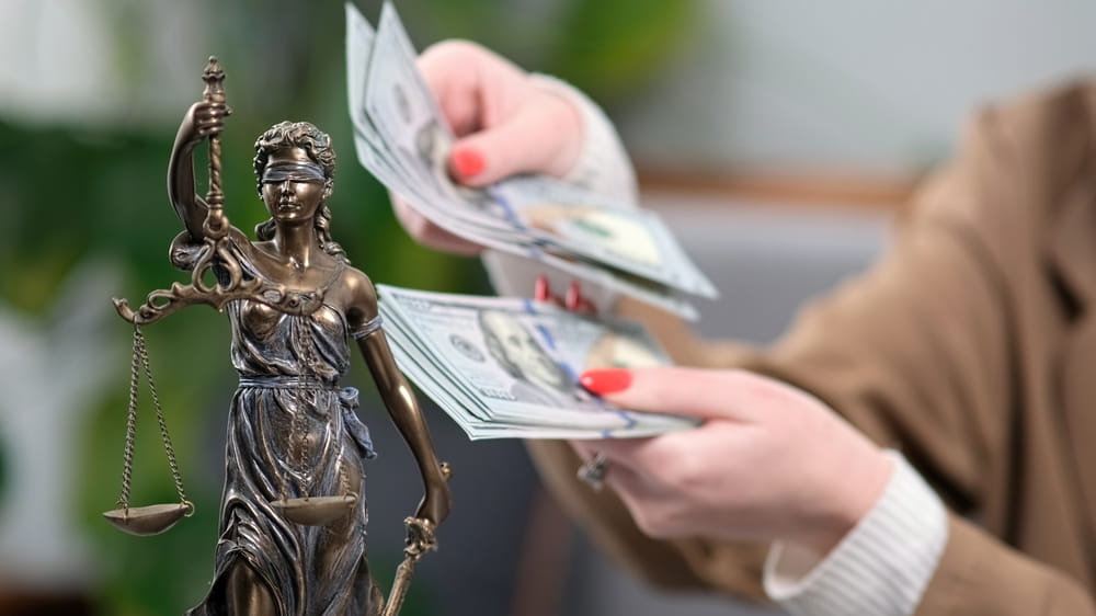 Statue of Lady Justice beside a person counting U.S. dollar bills, representing Chapter 7 bankruptcy liquidation and debt relief process