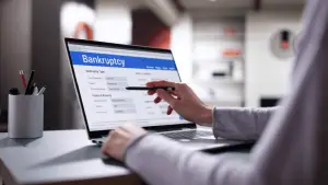 Person reviewing what disqualifies you from filing bankruptcy on laptop screen showing bankruptcy type options and assets property sections