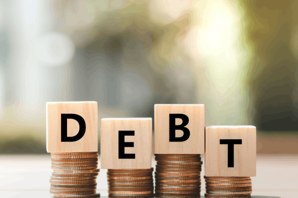 What types of debt usually cannot be erased or reduced shown with DEBT wooden blocks on coin stacks representing non-dischargeable obligations