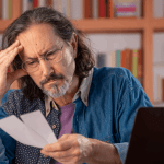 Signs you have too much debt — stressed man reviewing bills at desk with laptop