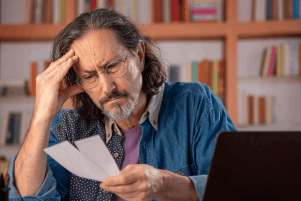 Signs you have too much debt — stressed man reviewing bills at desk with laptop