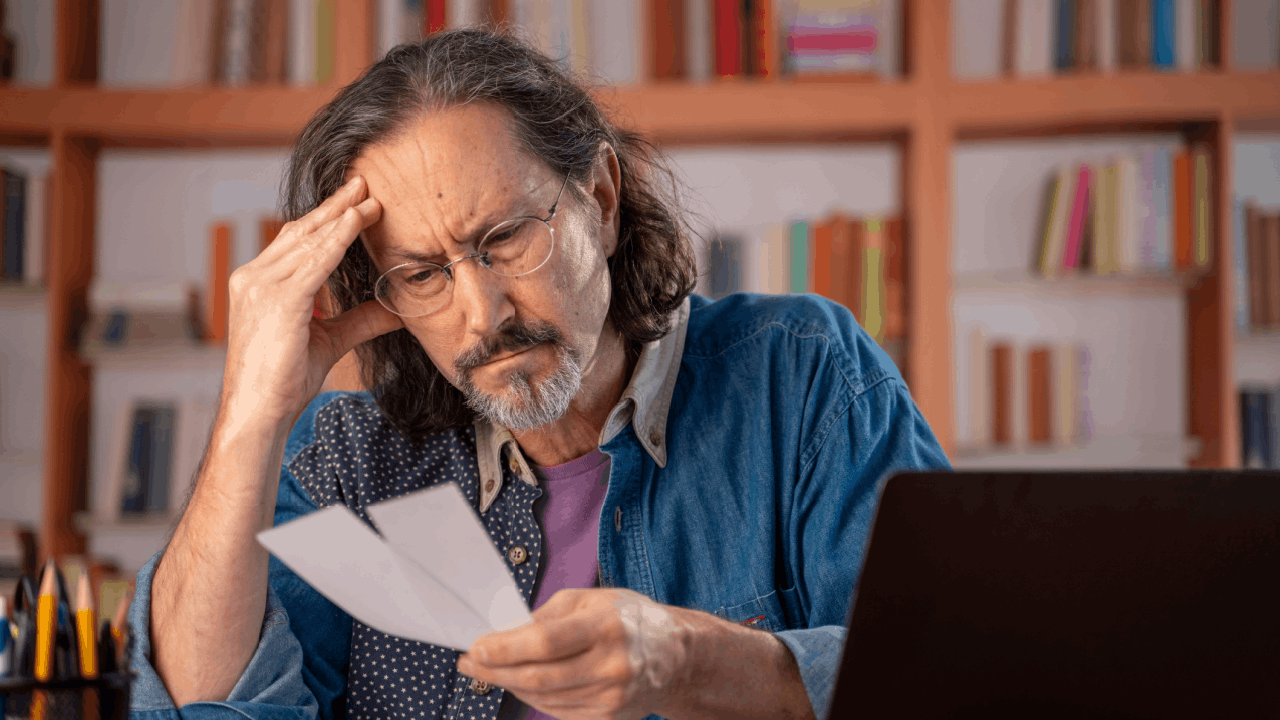 Signs you have too much debt — stressed man reviewing bills at desk with laptop