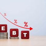 Red wooden blocks spelling DEBT on descending coin stacks showing what debts cannot be discharged in bankruptcy versus dischargeable obligations