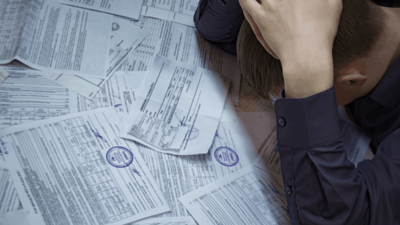 Person overwhelmed by unmanageable debt surrounded by bills